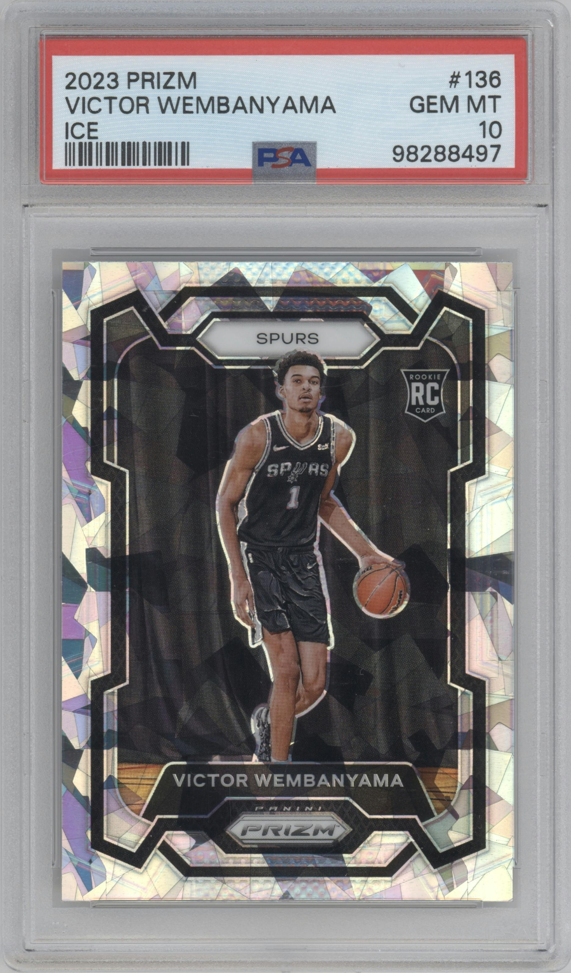 Victor Wembanyama from the 2023-24 Panini Prizm set featuring a Ice Prizm parallel graded by PSA and given an overall grade of 10.