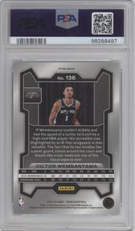 Victor Wembanyama from the 2023-24 Panini Prizm set featuring a Ice Prizm parallel graded by PSA and given an overall grade of 10.