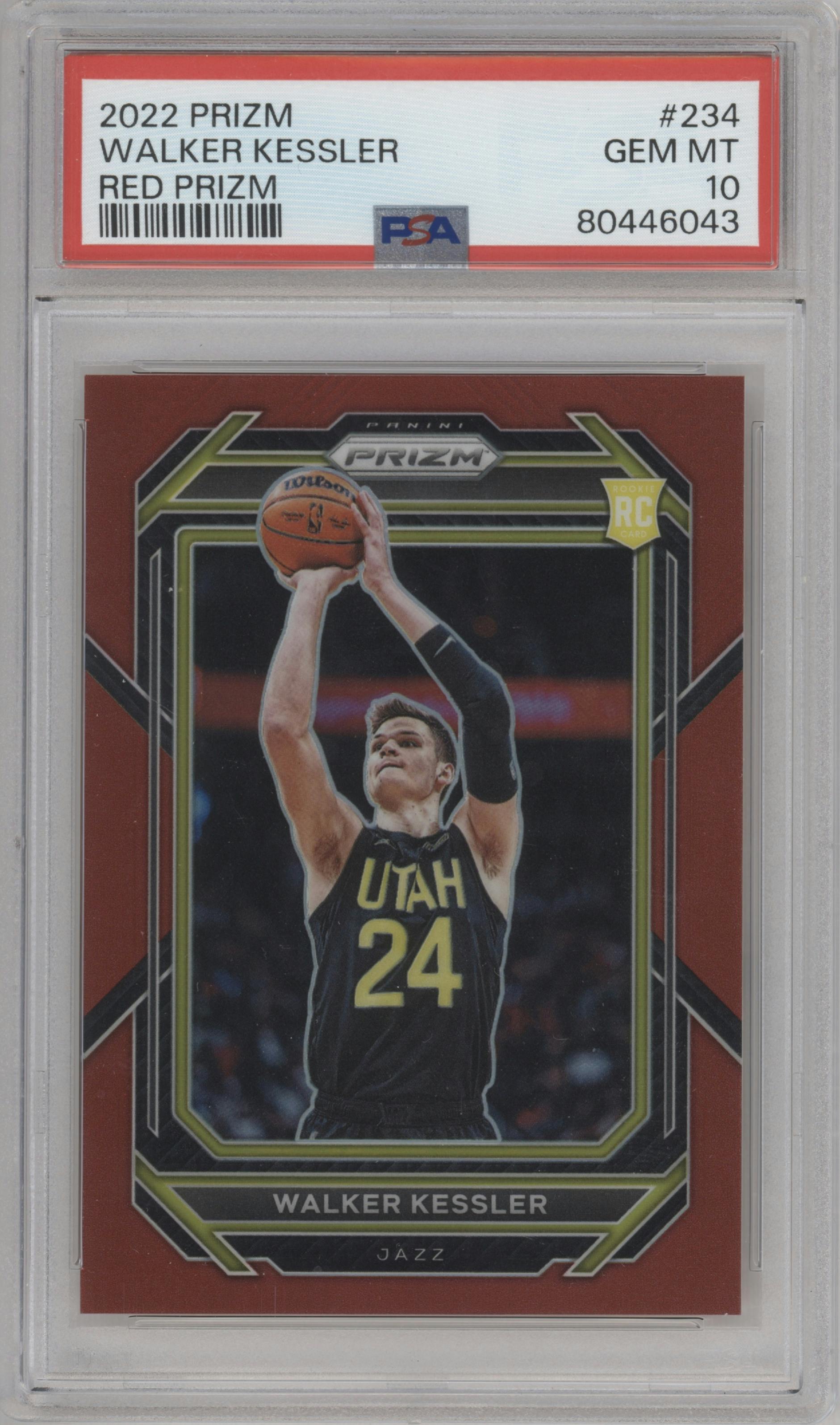 Walker Kessler from the 2022-23 Panini Prizm  set featuring a Red Prizm parallel graded by PSA and given an overall grade of 10.
