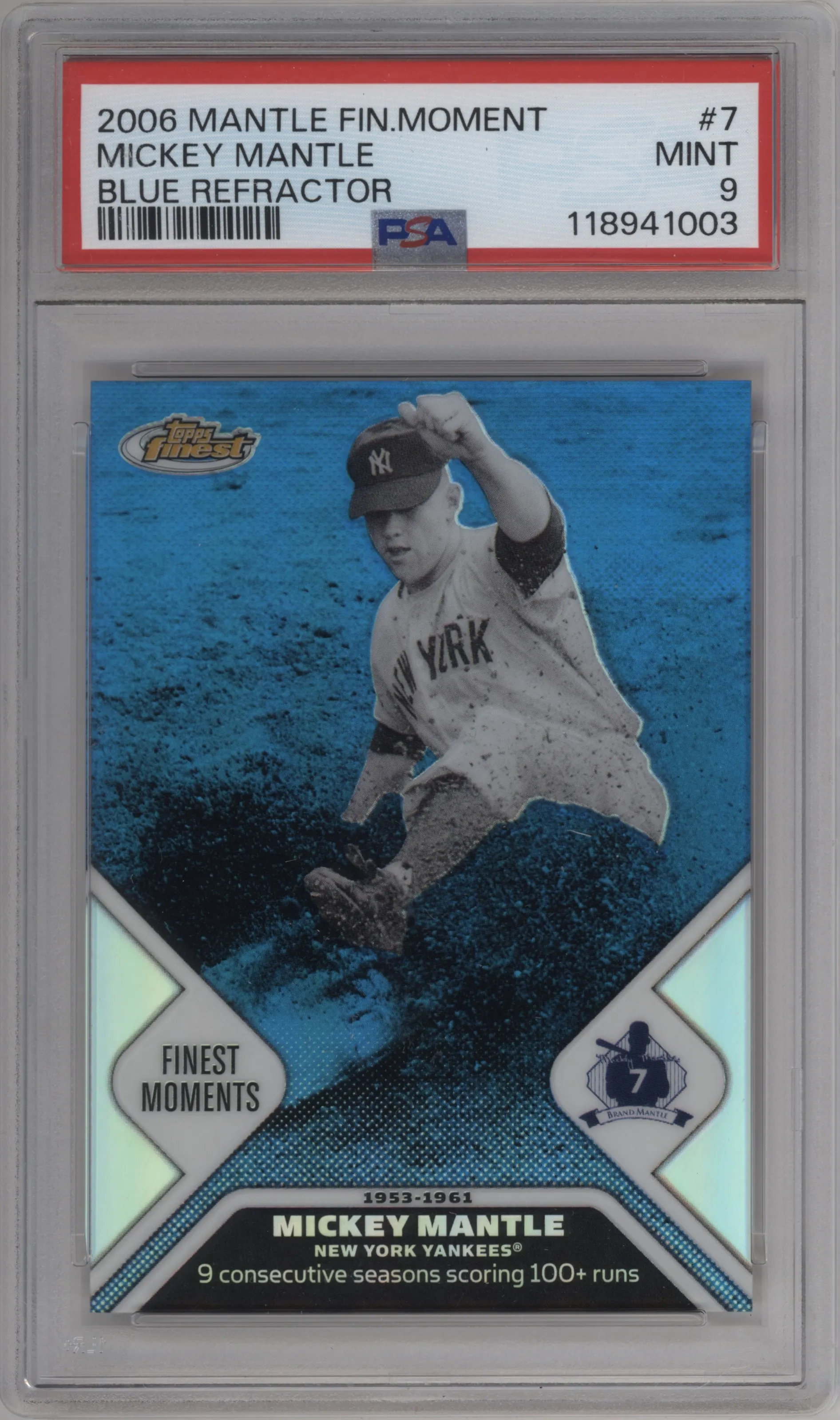 2006 Topps Finest Mantle Moments Mickey Mantle Blue Refractor #MMFM7 PSA 9