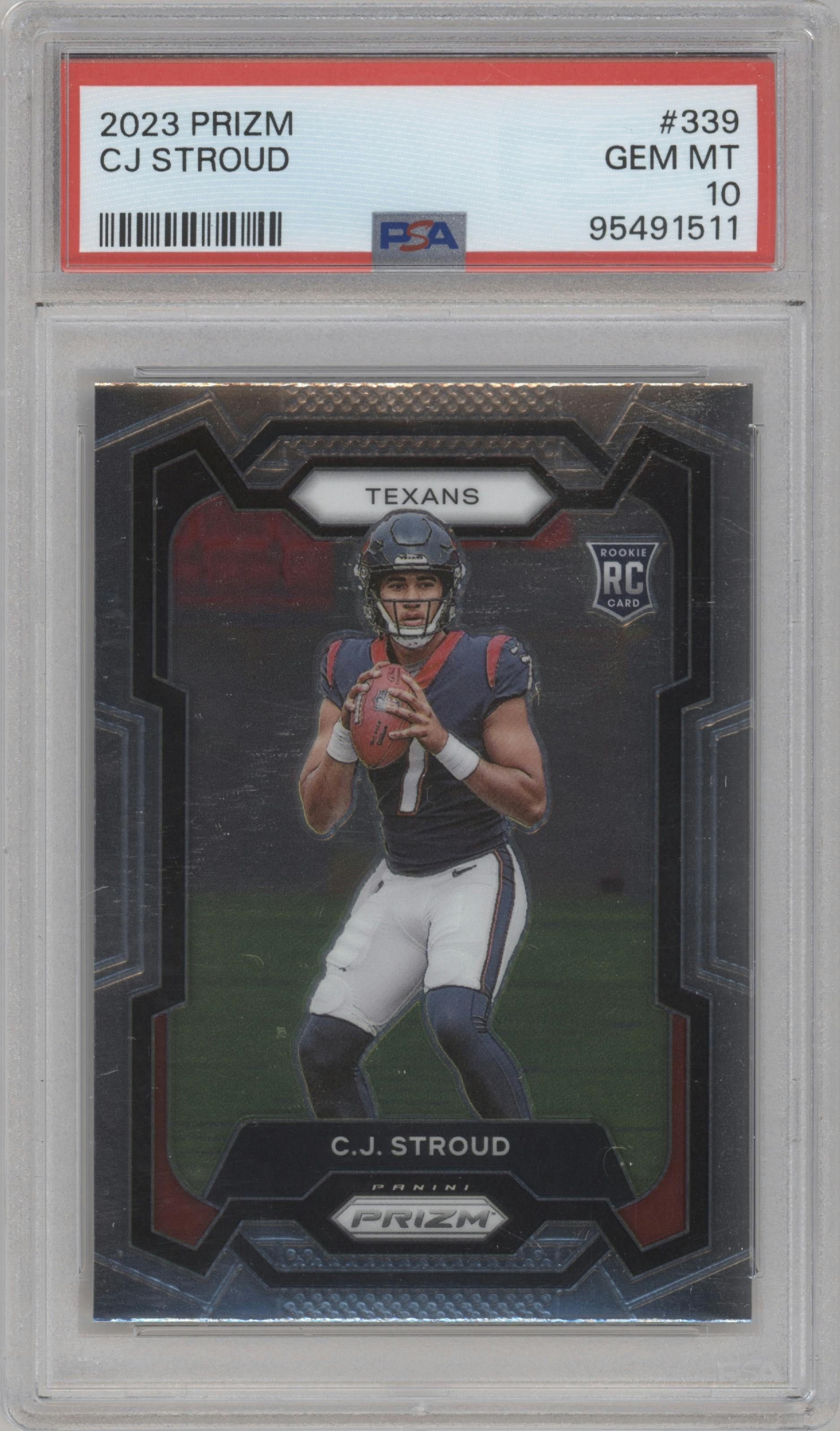 C.J. Stroud from the 2023 Panini Prizm set graded by PSA and given an overall grade of 10.