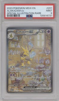 Alakazam EX from the 2023 Pokemon SV set graded by PSA and given an overall grade of 9.