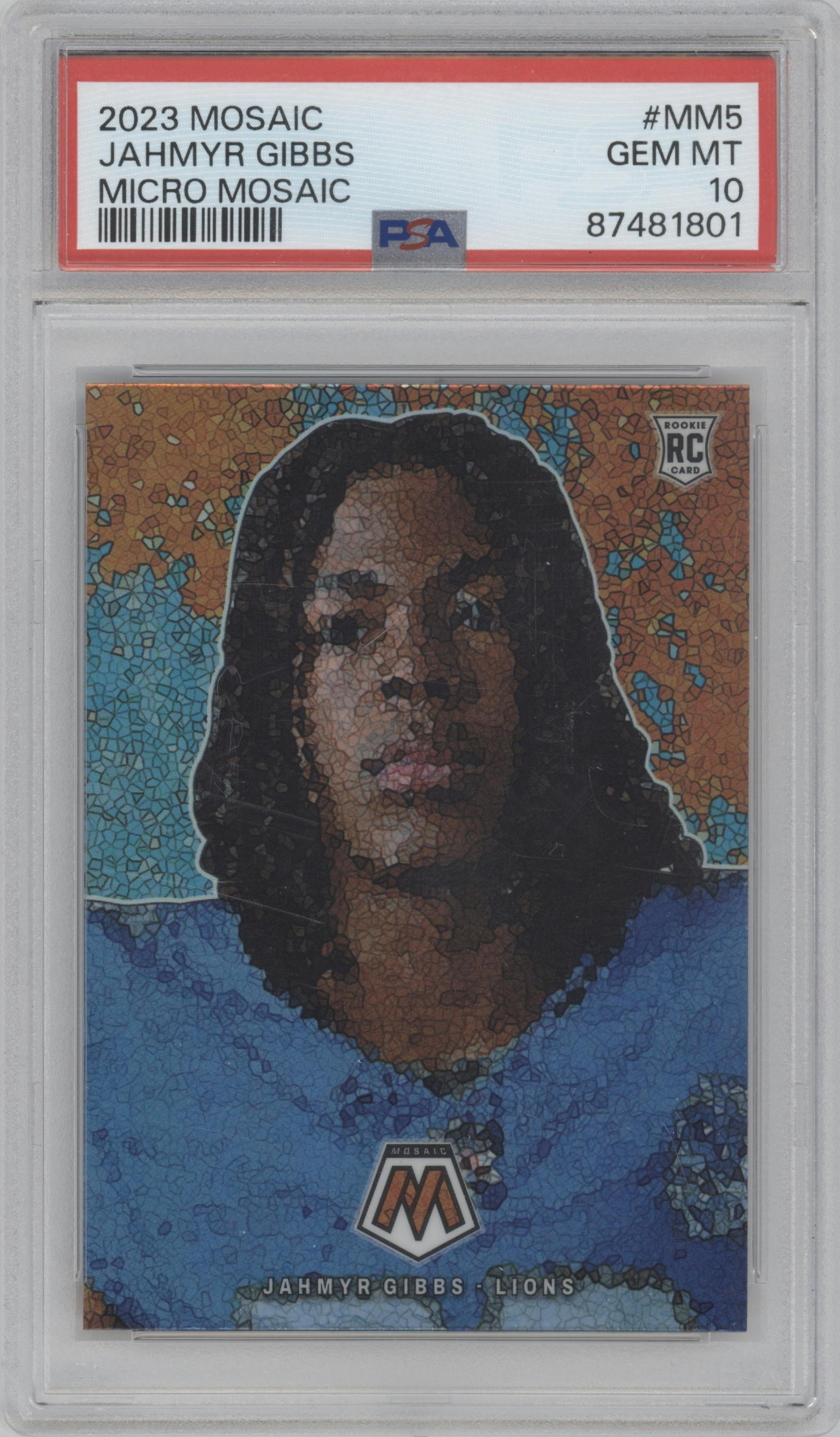 Jahmyr Gibbs from the 2023 Panini Mosaic set graded by PSA and given an overall grade of 10.