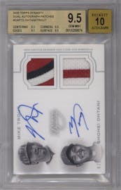 Mike Trout/Shohei Ohtani from the 2020 Topps Dynasty set graded by Beckett and given an overall grade of 9.5.