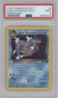 Dark Gyarados from the 2000 Pokemon set featuring a Pre-Release parallel graded by PSA and given an overall grade of 9.