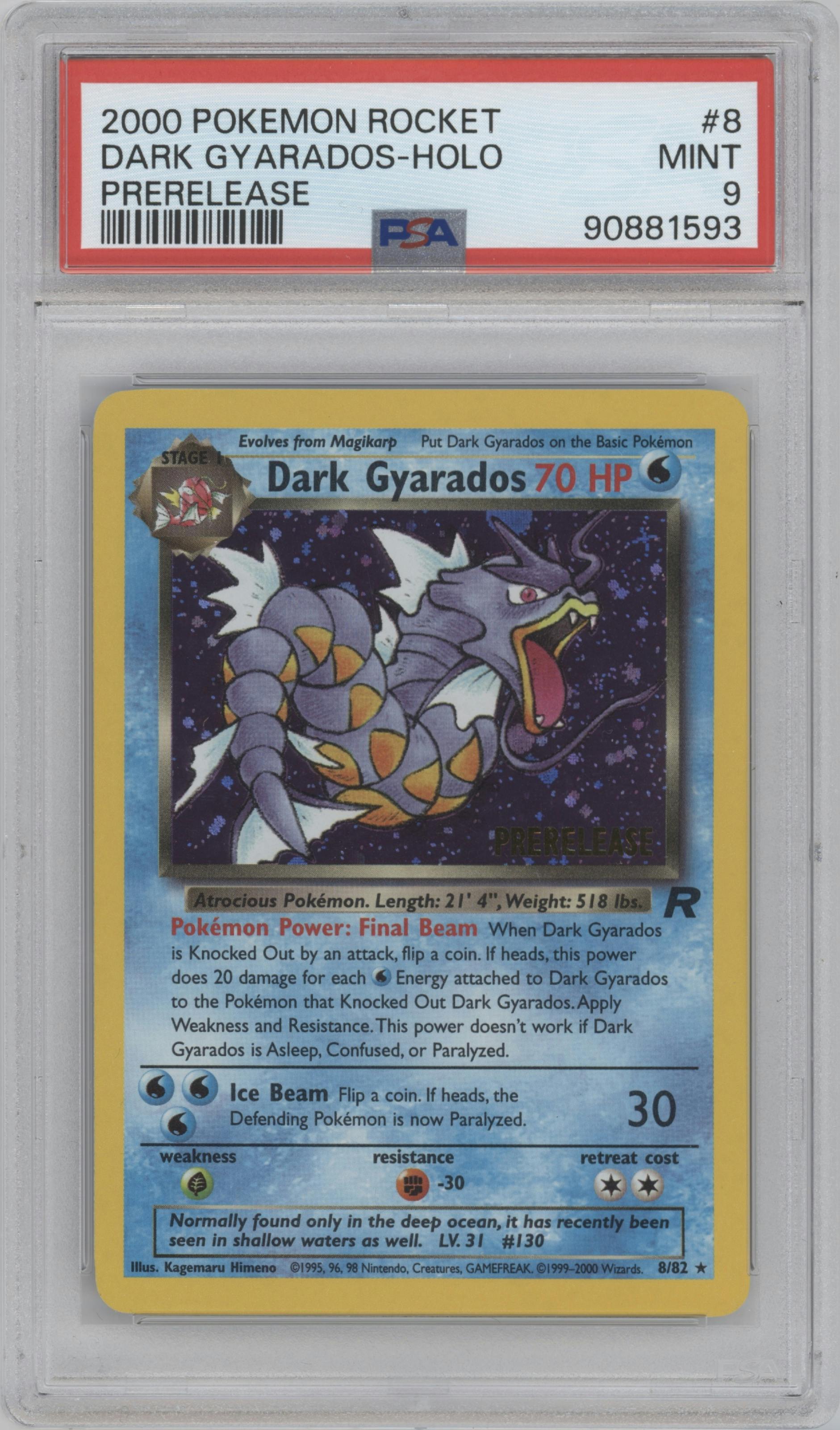 Dark Gyarados from the 2000 Pokemon set featuring a Pre-Release parallel graded by PSA and given an overall grade of 9.