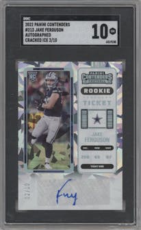 Jake Ferguson from the 2022 Panini Contenders set featuring a Cracked Ice parallel graded by SGC and given an overall grade of 10.