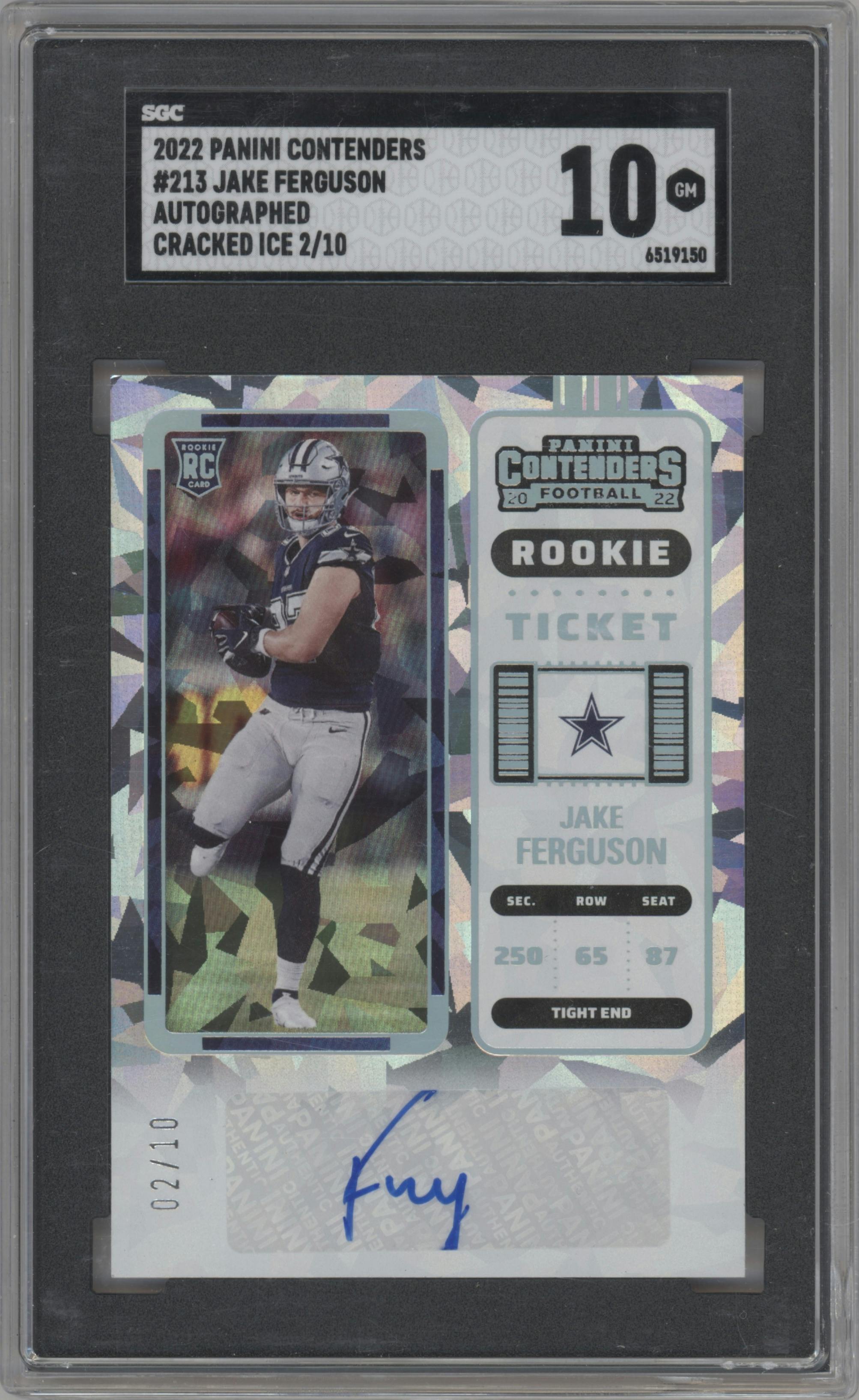 Jake Ferguson from the 2022 Panini Contenders set featuring a Cracked Ice parallel graded by SGC and given an overall grade of 10.