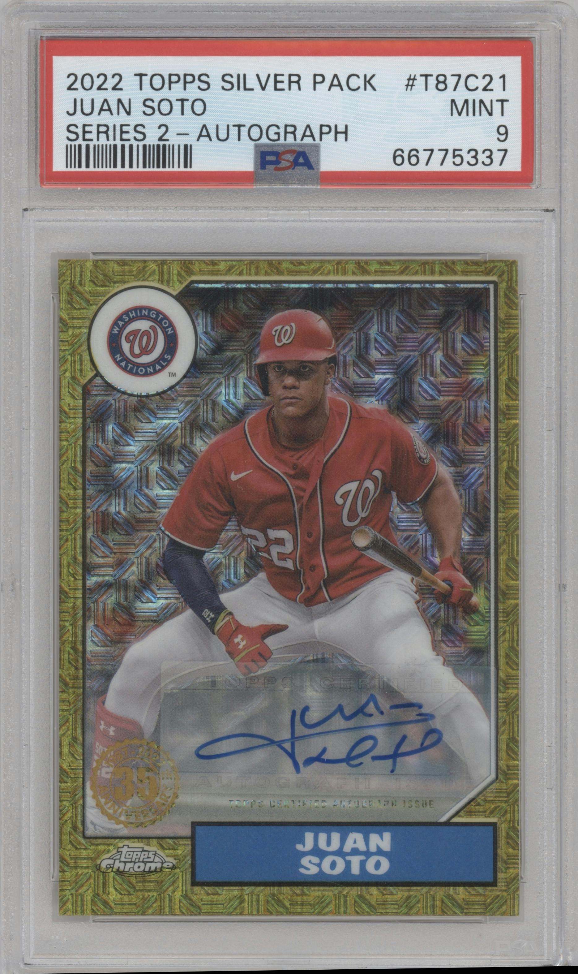 Juan Soto from the 2022 Topps Silver Pack  set graded by PSA and given an overall grade of 9.