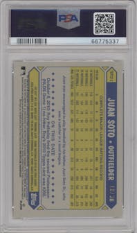 Juan Soto from the 2022 Topps Silver Pack  set graded by PSA and given an overall grade of 9.