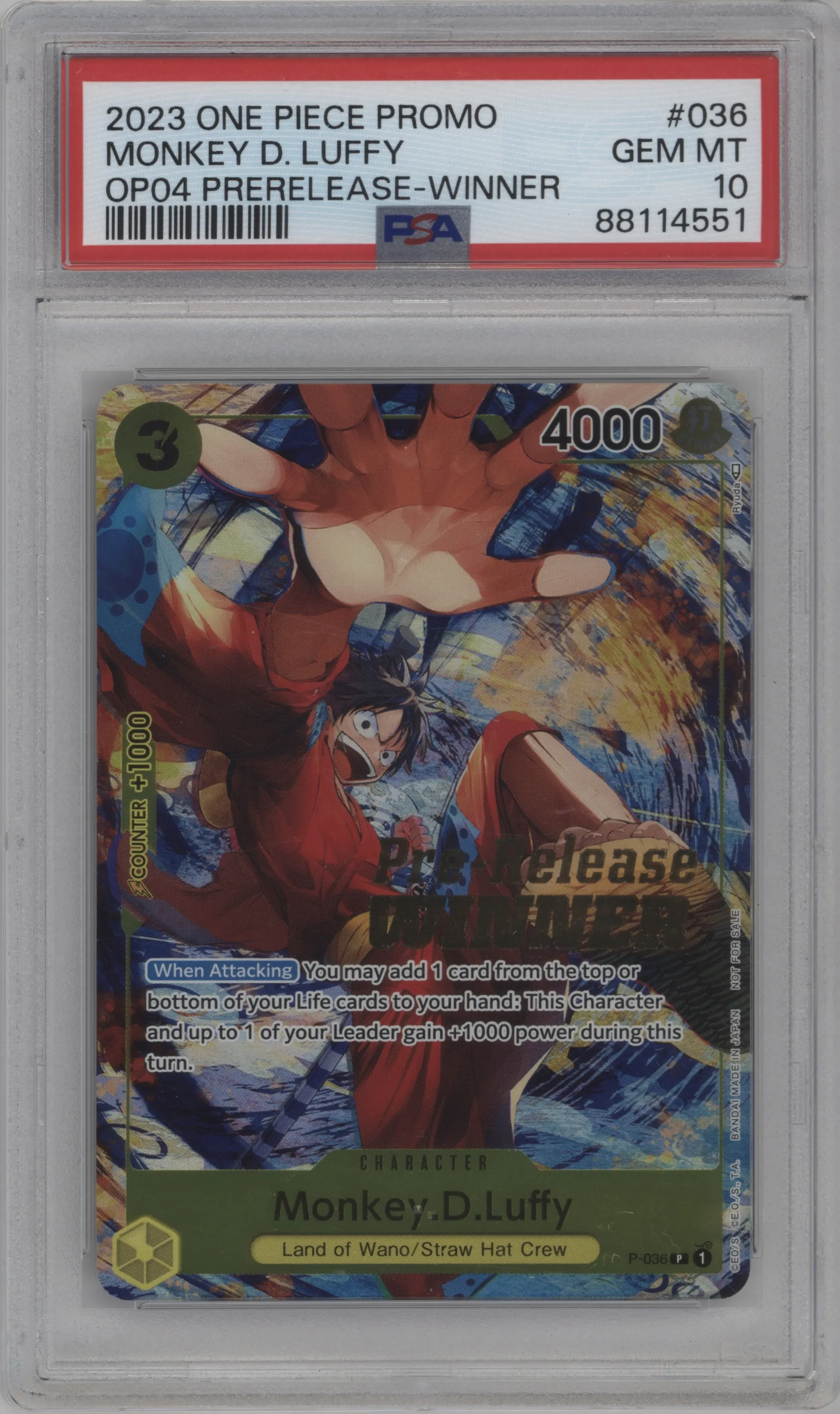 2023 One Piece Pre-Release Tournament Monkey.D.Luffy Winner P #P-036 P PSA 10