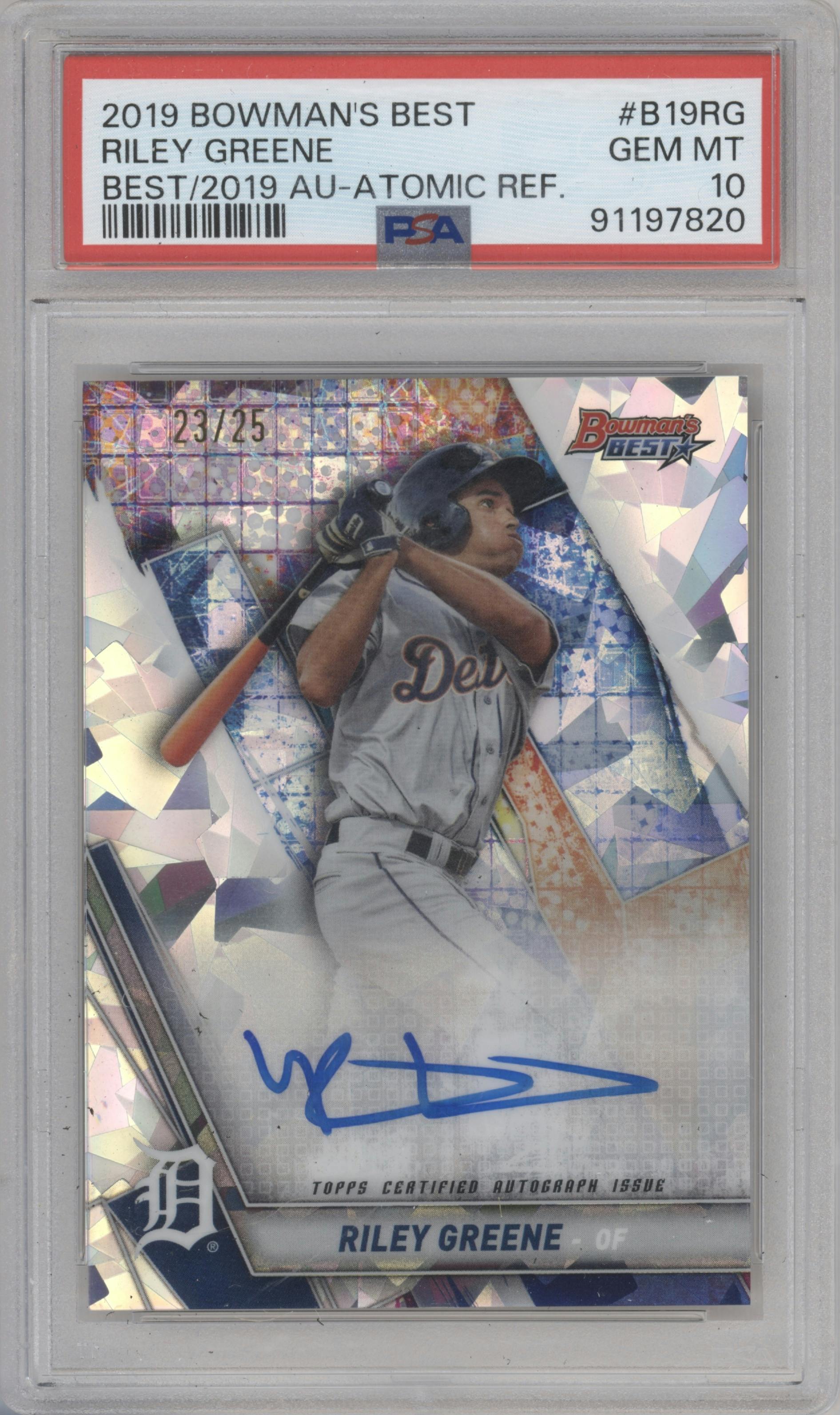 Riley Greene from the 2019 Bowman’s Best set featuring a Atomic Refractor  parallel graded by PSA and given an overall grade of 10.