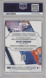 Riley Greene from the 2019 Bowman’s Best set featuring a Atomic Refractor  parallel graded by PSA and given an overall grade of 10.