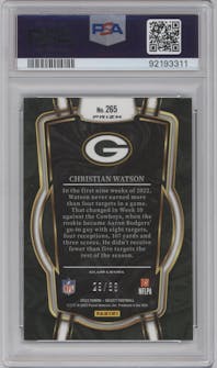 Christian Watson from the 2022 Panini Select set featuring a Dragon Scale parallel graded by PSA and given an overall grade of 10.