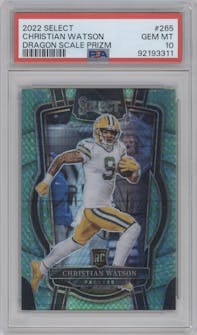 Christian Watson from the 2022 Panini Select set featuring a Dragon Scale parallel graded by PSA and given an overall grade of 10.