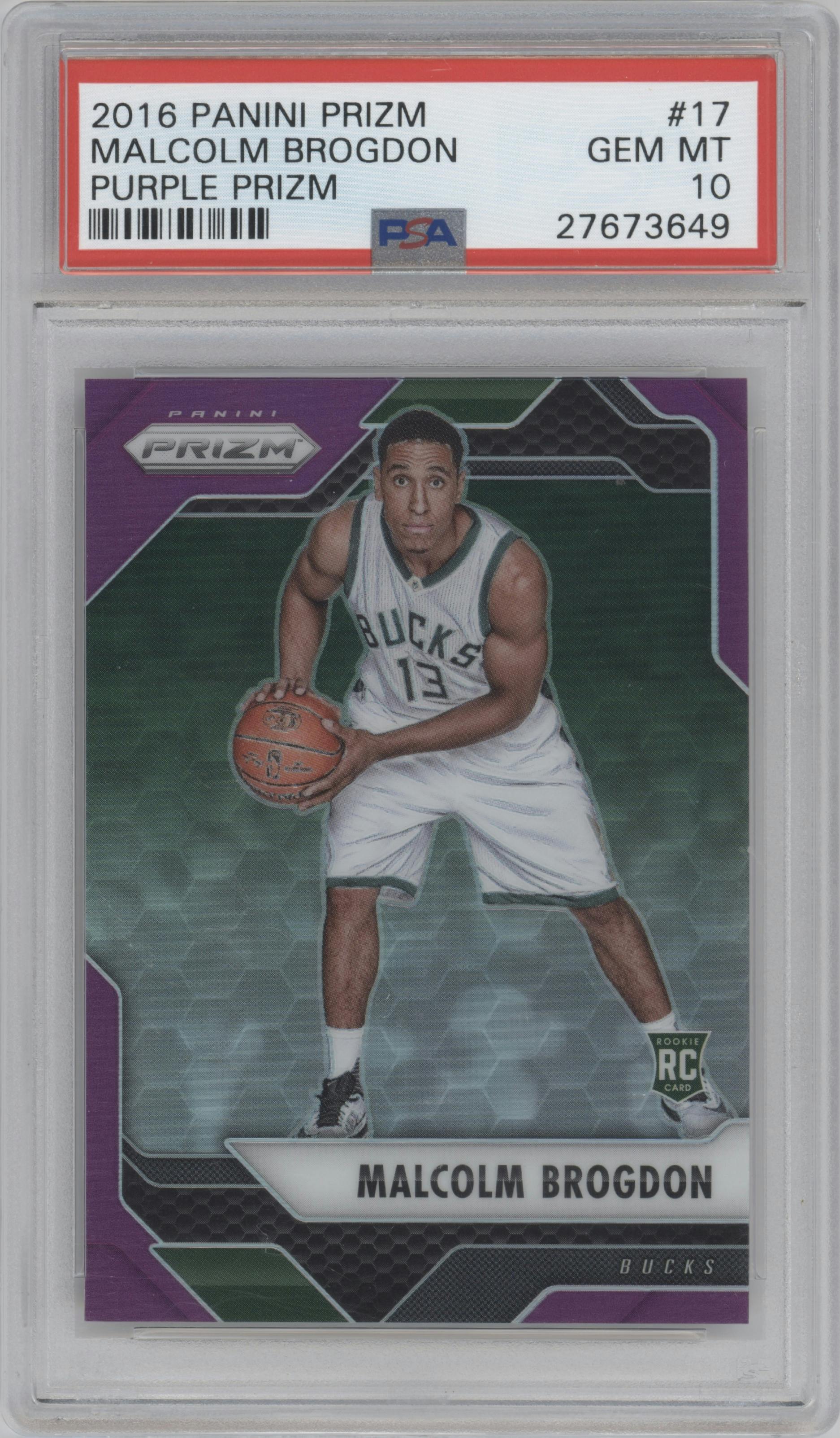 Malcolm Brogdon from the 2016-17 Panini Prizm  set featuring a Purple Prizm parallel graded by PSA and given an overall grade of 10.