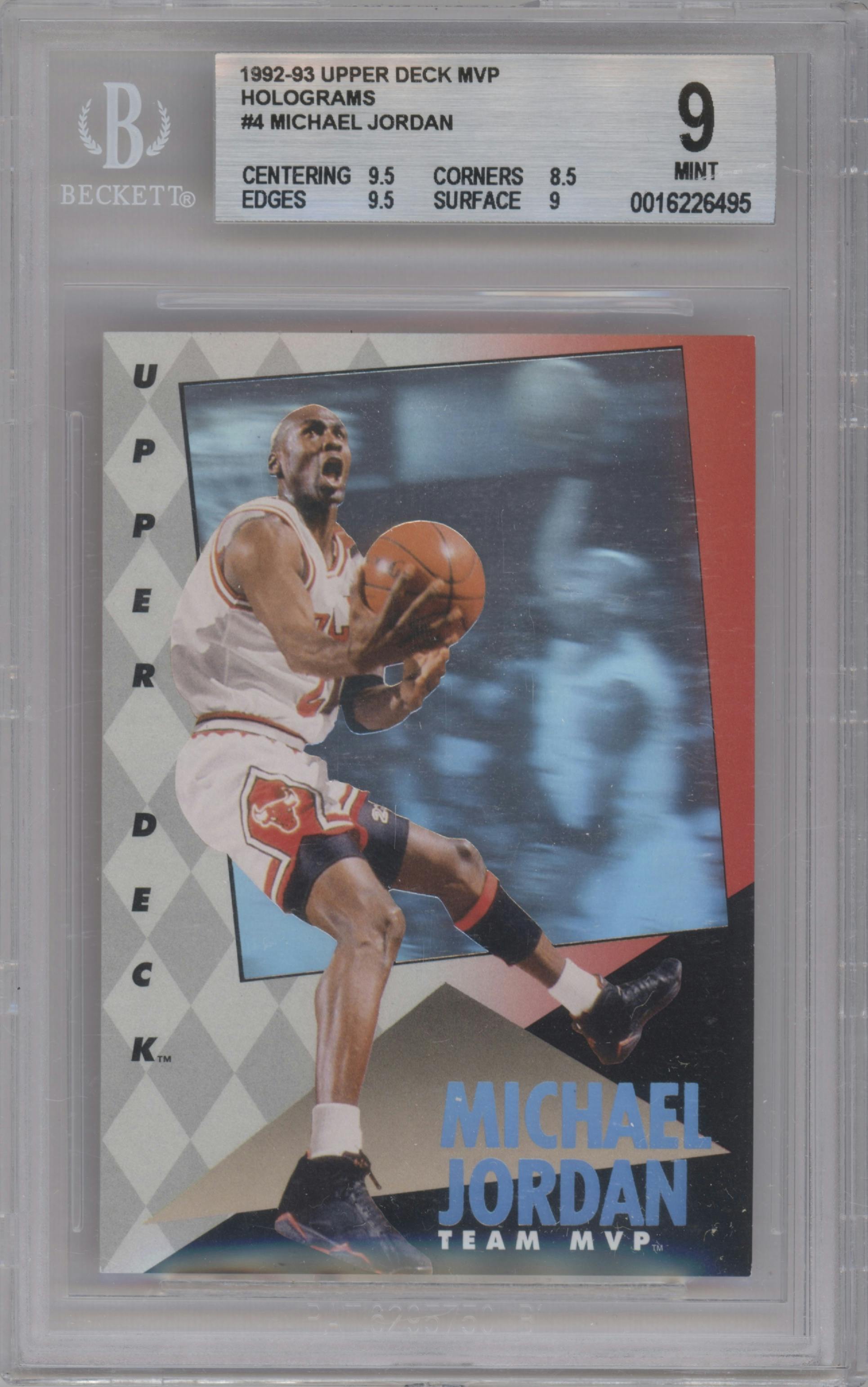 Michael Jordan from the 1992-93 Upper Deck MVP Holograms set graded by Beckett and given an overall grade of 9.