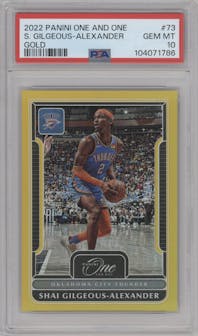 Shai Gilgeous-Alexander from the 2022-23 Panini One and One set featuring a Gold parallel graded by PSA and given an overall grade of 10.