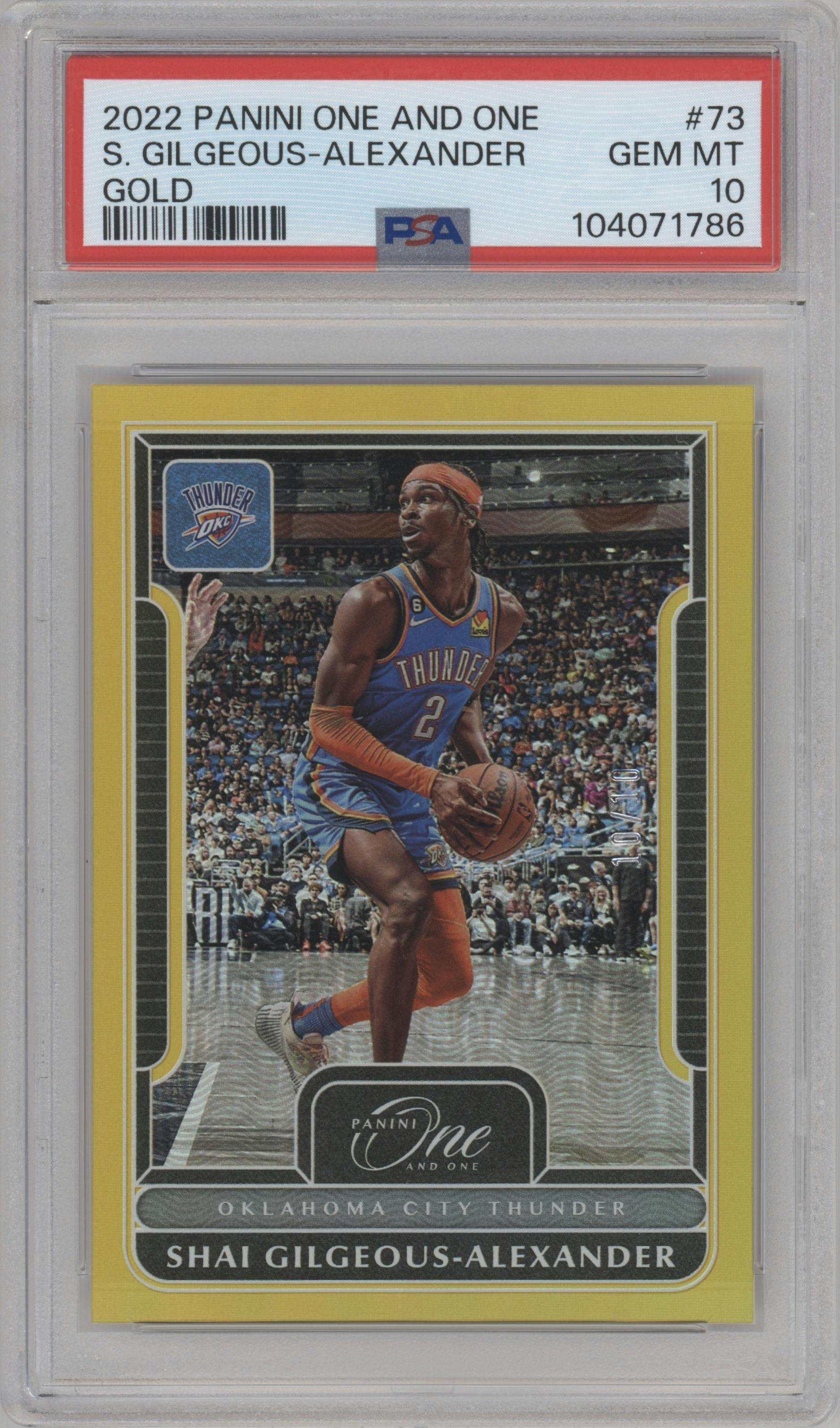 Shai Gilgeous-Alexander from the 2022-23 Panini One and One set featuring a Gold parallel graded by PSA and given an overall grade of 10.