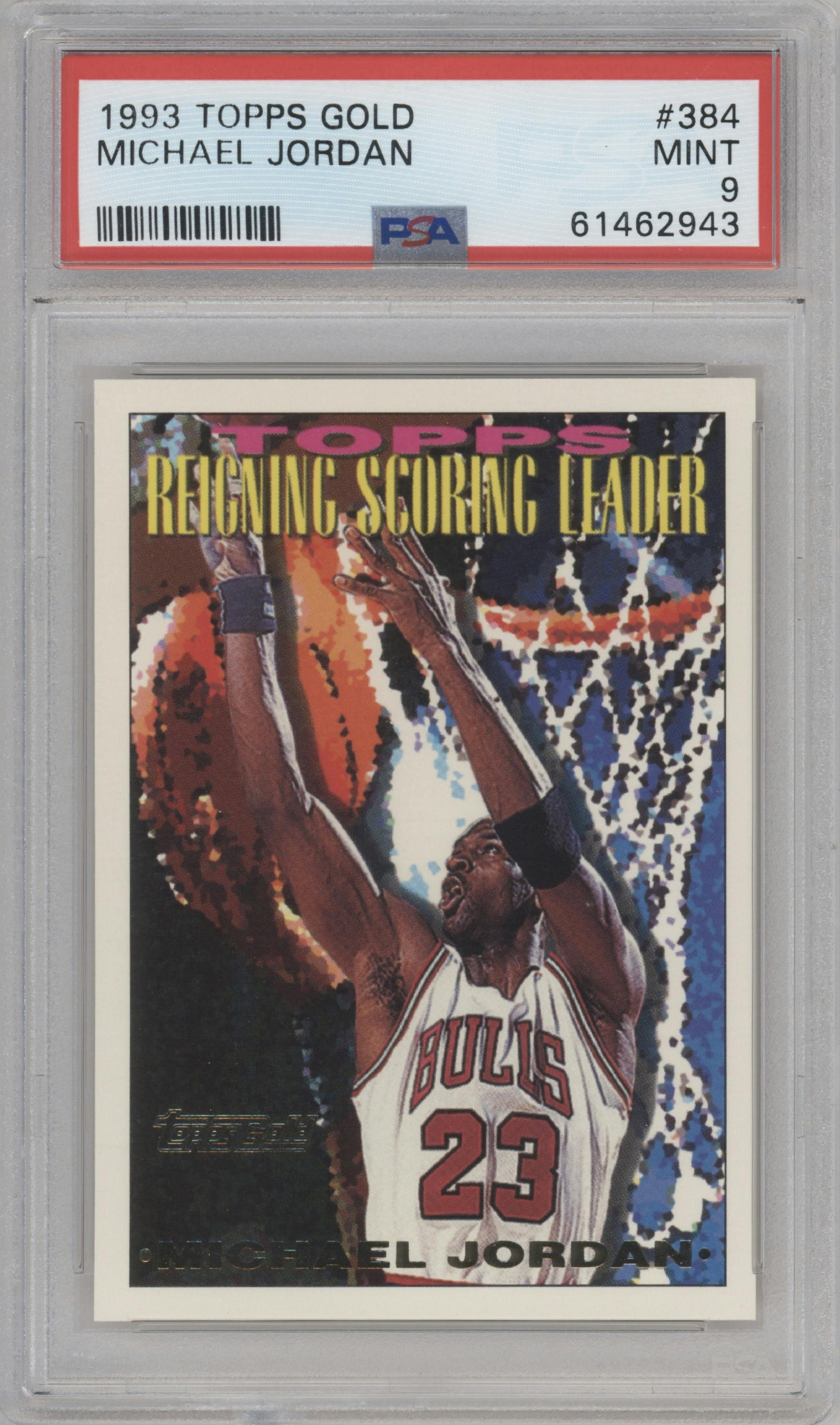 Michael Jordan from the 1993-94 Topps set featuring a Gold parallel graded by PSA and given an overall grade of 9.