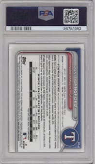 Wyatt Langford from the 2024 Bowman Sapphire Edition set featuring a Black parallel graded by PSA and given an overall grade of 10.
