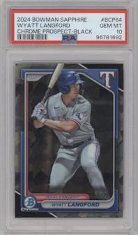 Wyatt Langford from the 2024 Bowman Sapphire Edition set featuring a Black parallel graded by PSA and given an overall grade of 10.