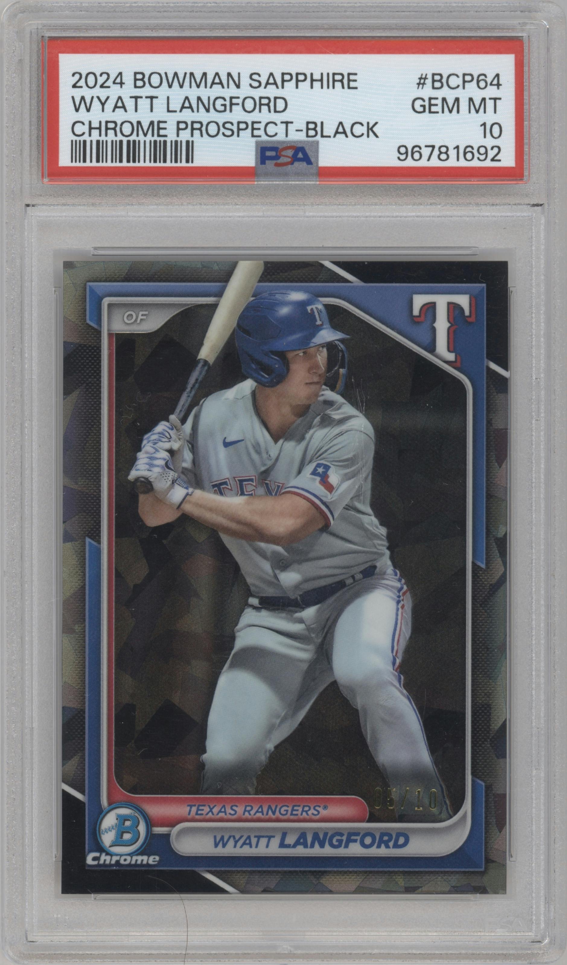Wyatt Langford from the 2024 Bowman Sapphire Edition set featuring a Black parallel graded by PSA and given an overall grade of 10.