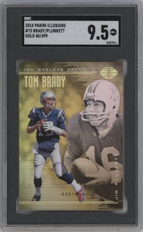 Tom Brady/Jim Plunkett from the 2018 Panini Illusions set featuring a Trophy Collection Gold parallel graded by SGC and given an overall grade of 9.5.
