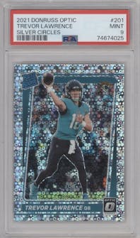 Trevor Lawrence from the 2021 Panini Donruss Optic set featuring a Silver Circles parallel graded by PSA and given an overall grade of 9.