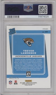 Trevor Lawrence from the 2021 Panini Donruss Optic set featuring a Silver Circles parallel graded by PSA and given an overall grade of 9.