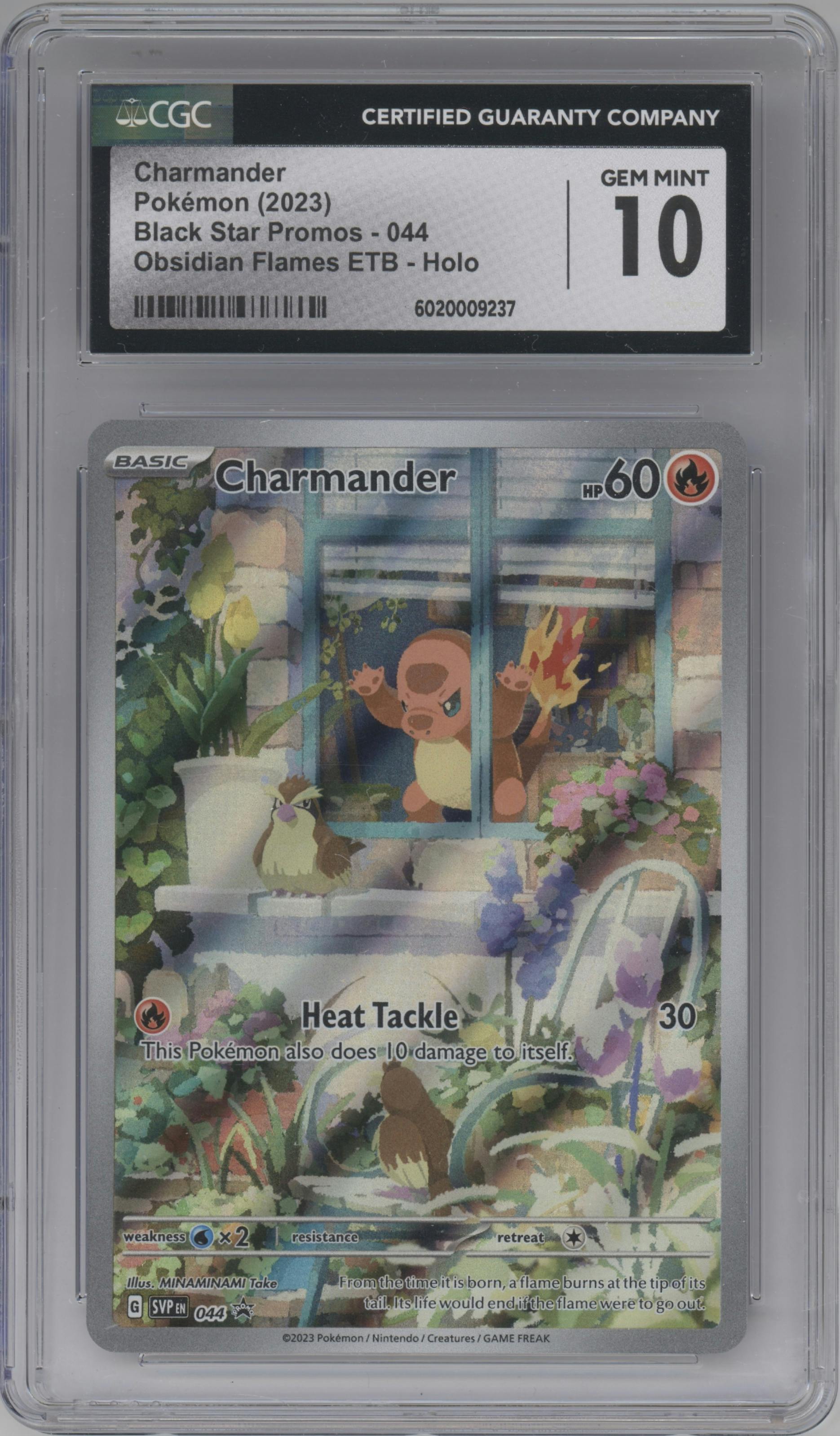 Charmander from the 2023 Pokemon SV set featuring a Obsidian Flames ETB parallel graded by CSG and given an overall grade of 10.