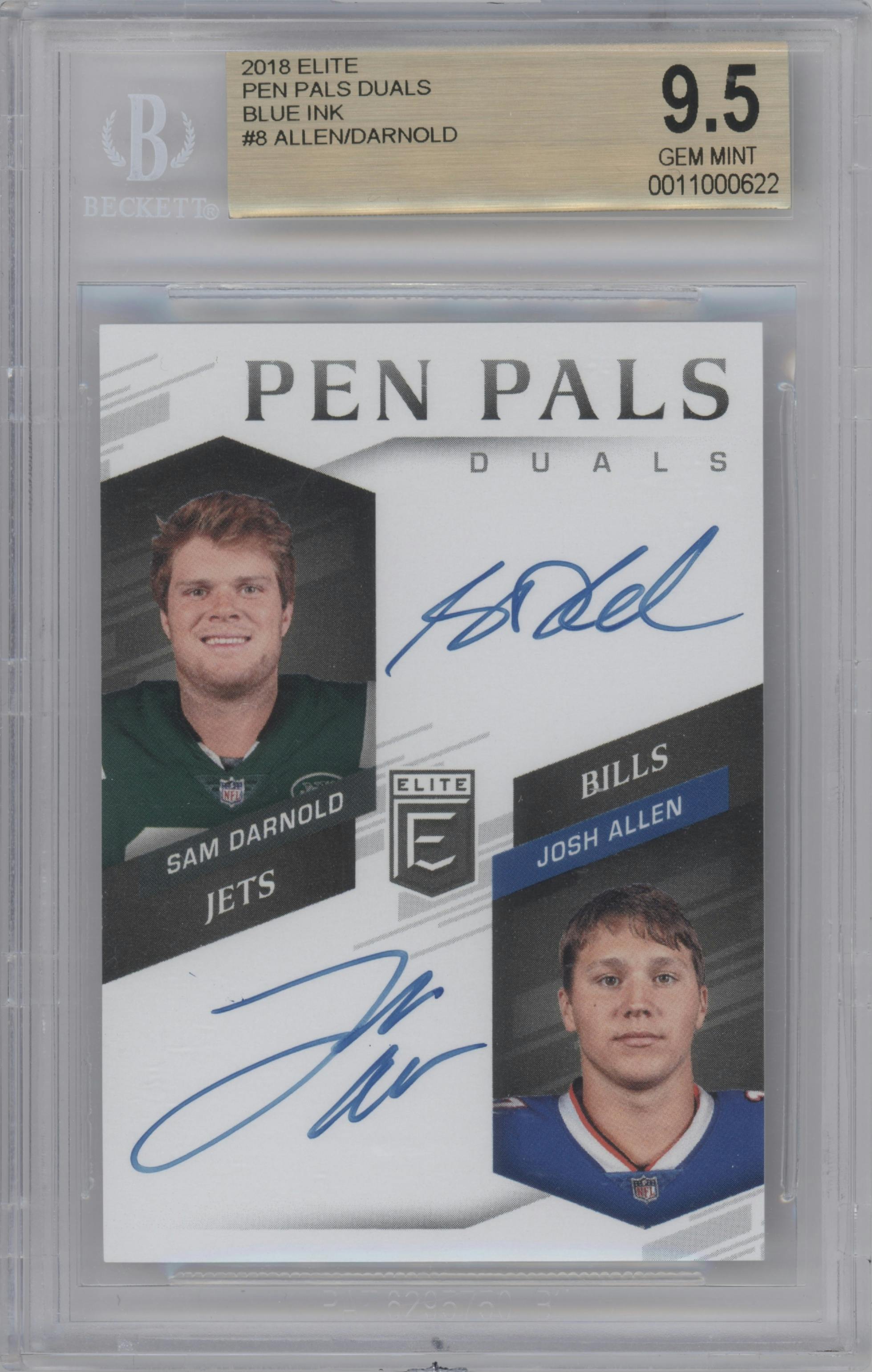 Sam Darnold/Josh Allen from the 2018 Panini Donruss Elite set featuring a Blue Ink parallel graded by Beckett and given an overall grade of 9.5.