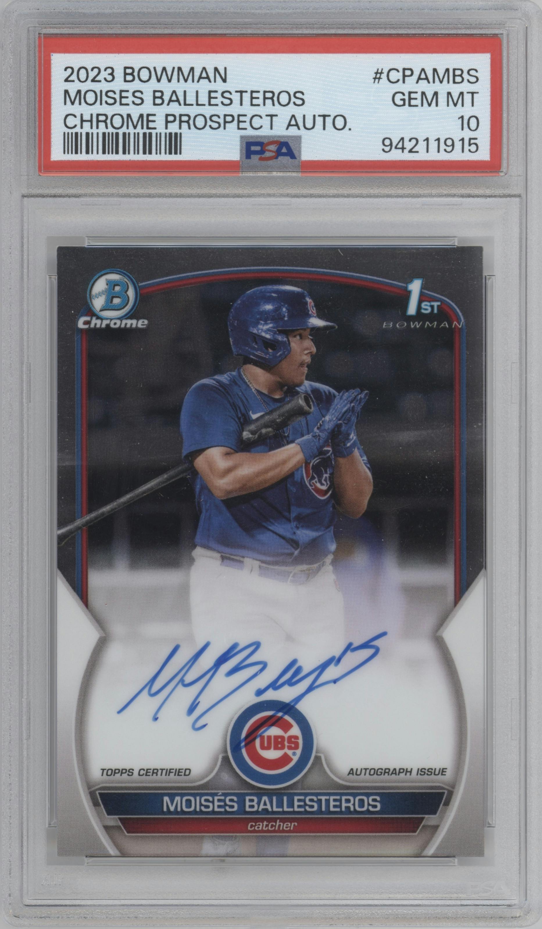 Moises Ballesteros from the 2023 Bowman  set graded by PSA and given an overall grade of 10.