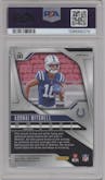 Adonai Mitchell from the 2024 Panini Prizm set featuring a Black Finite parallel graded by PSA and given an overall grade of 8.5.