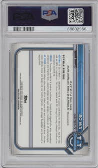 Bo Nix from the 2021-22 Bowman University set featuring a Yellow Refractor  parallel graded by PSA and given an overall grade of 9.