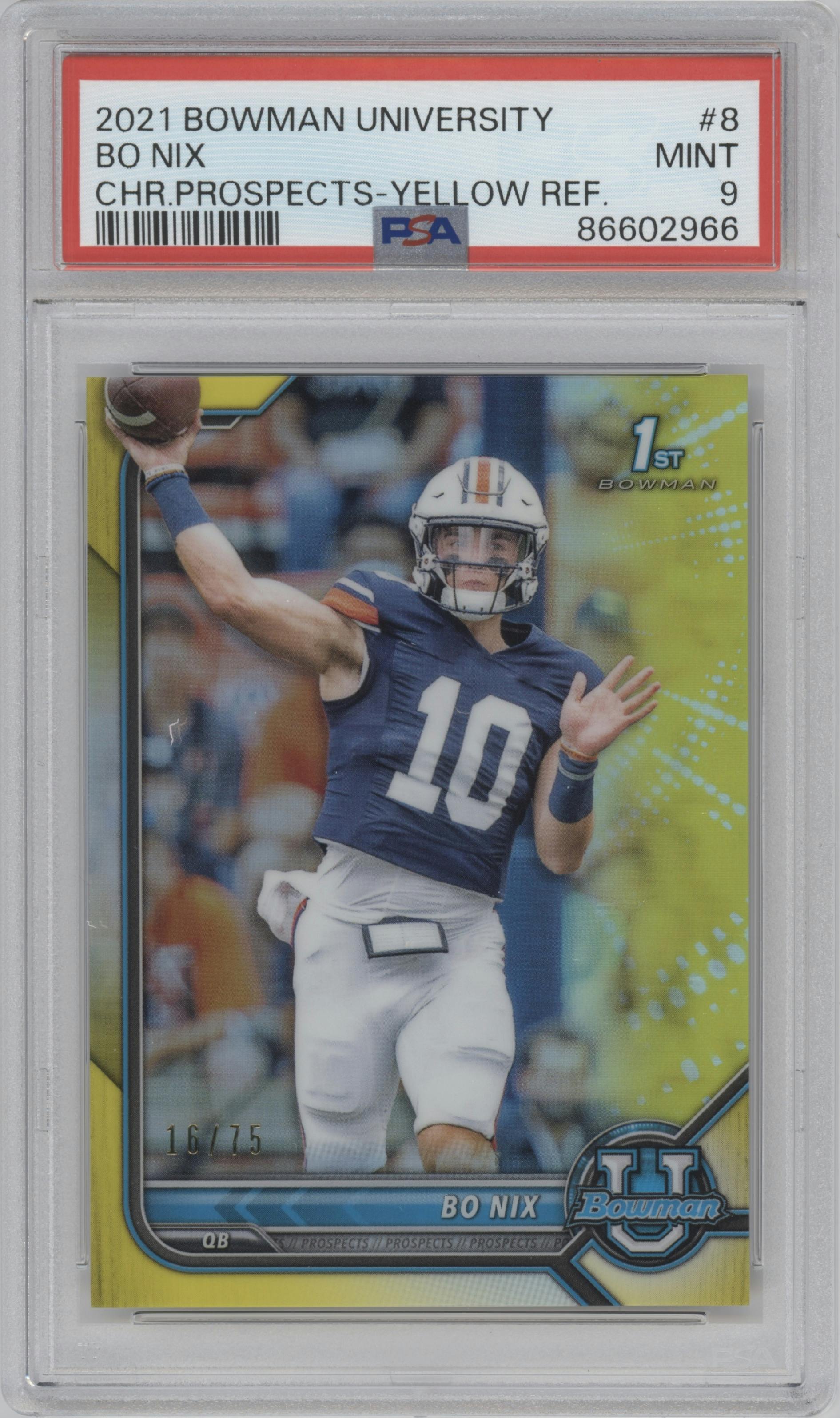 Bo Nix from the 2021-22 Bowman University set featuring a Yellow Refractor  parallel graded by PSA and given an overall grade of 9.