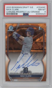 Max Clark from the 2023 Bowman Draft Sapphire set featuring a Orange Refractor parallel graded by PSA and given an overall grade of 8.