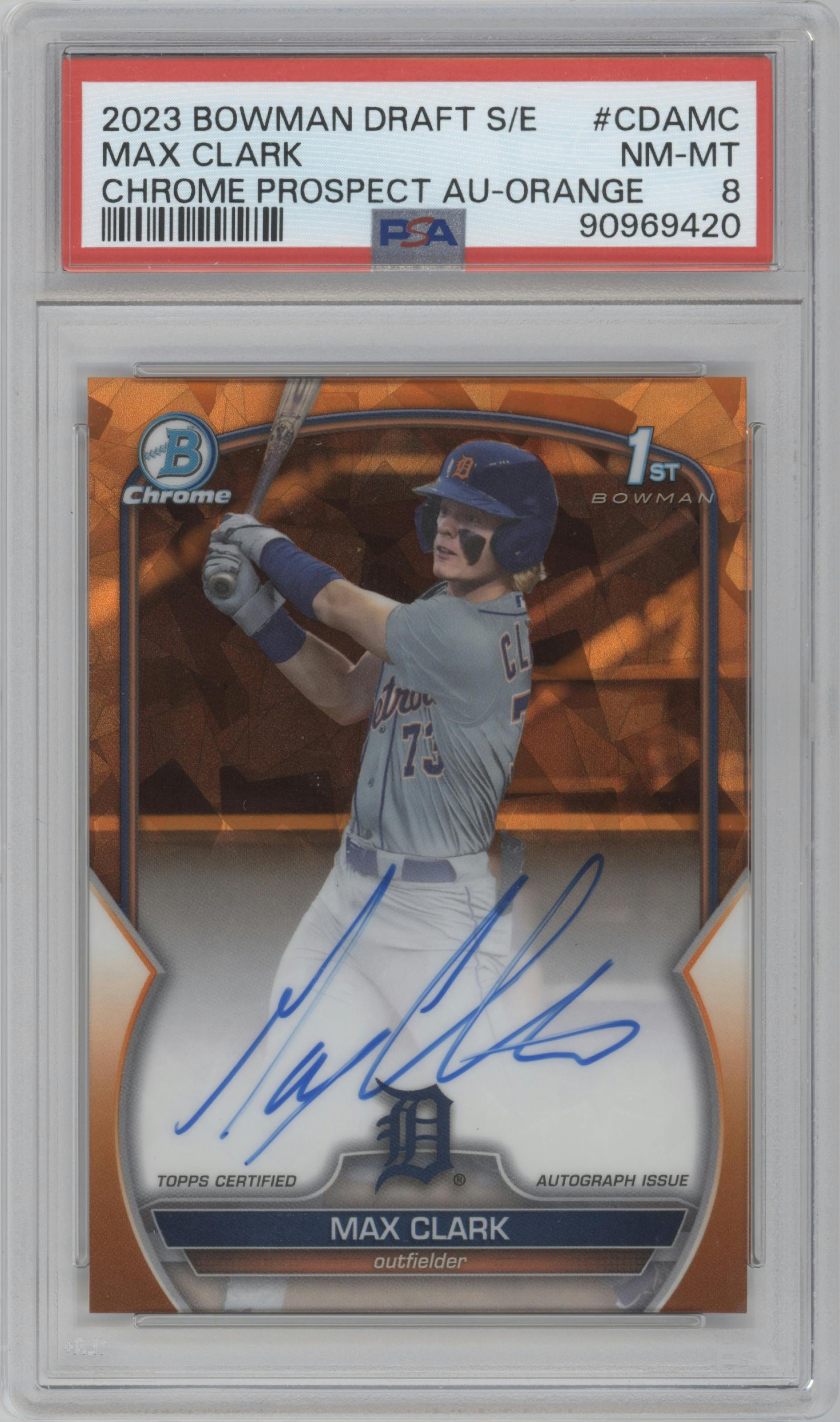 Max Clark from the 2023 Bowman Draft Sapphire set featuring a Orange Refractor parallel graded by PSA and given an overall grade of 8.