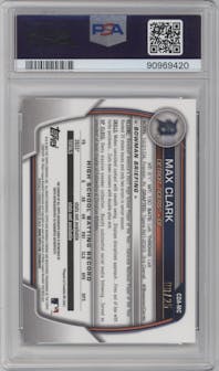 Max Clark from the 2023 Bowman Draft Sapphire set featuring a Orange Refractor parallel graded by PSA and given an overall grade of 8.
