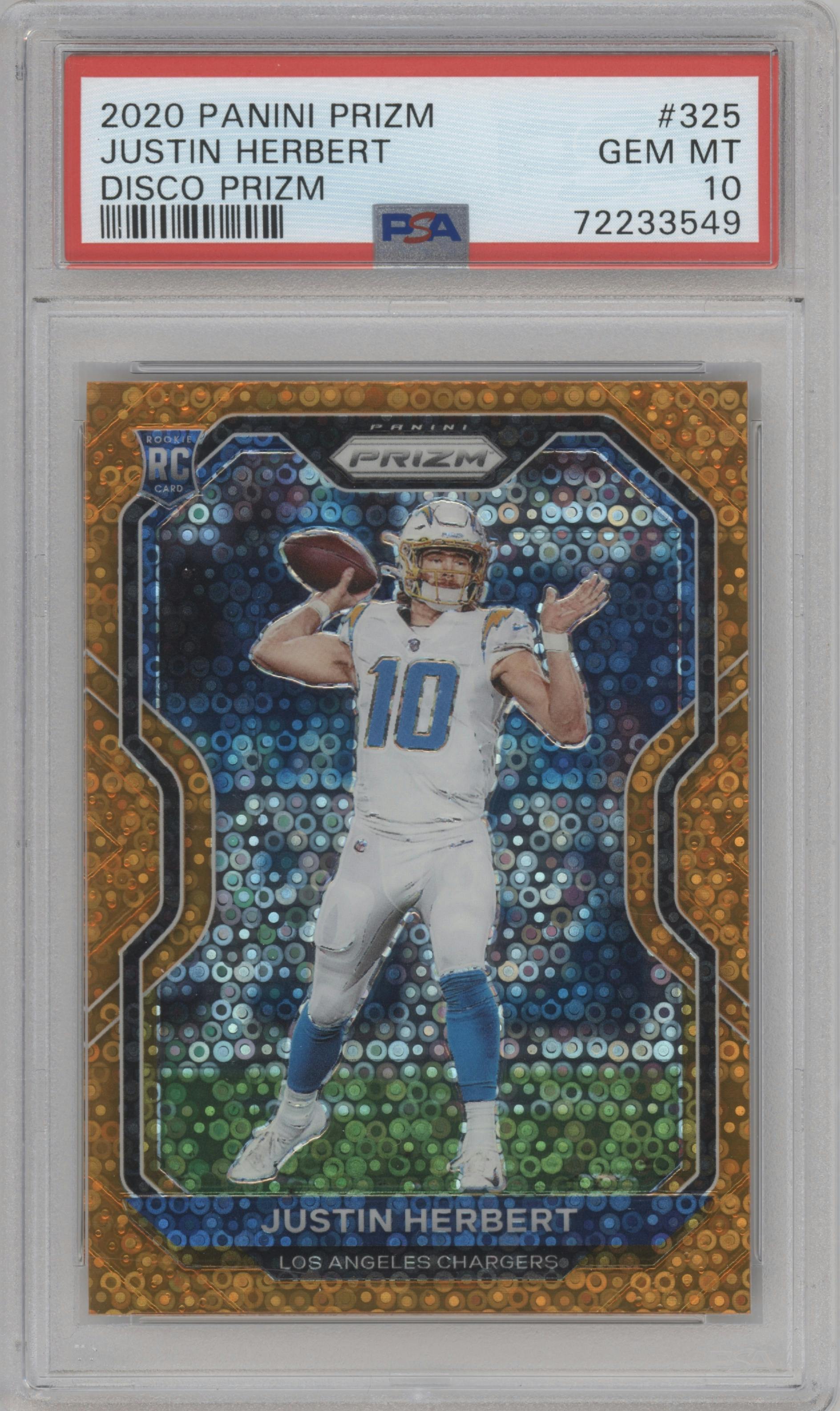 Justin Herbert from the 2020 Panini Prizm set featuring a Disco parallel graded by PSA and given an overall grade of 10.