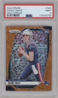 Drake Maye from the 2024 Panini Prizm set featuring a Disco parallel graded by PSA and given an overall grade of 9.