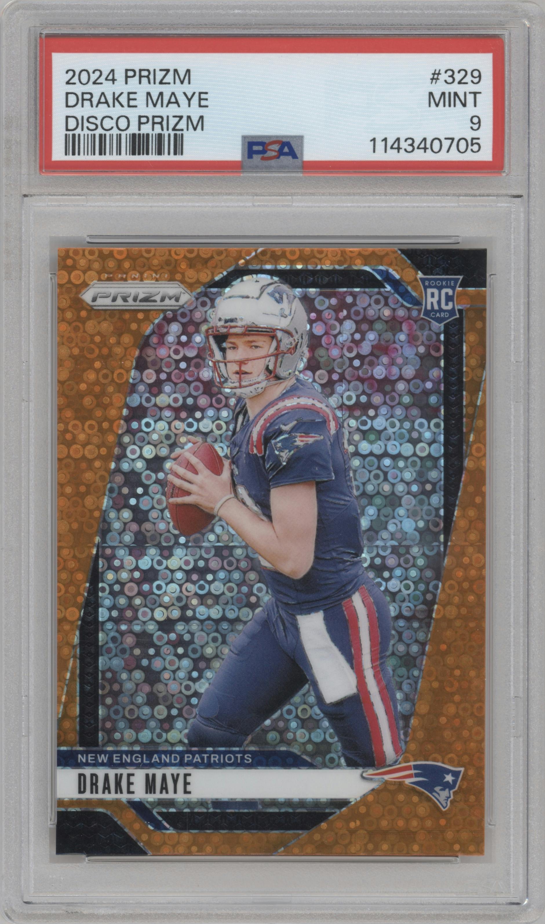 Drake Maye from the 2024 Panini Prizm set featuring a Disco parallel graded by PSA and given an overall grade of 9.