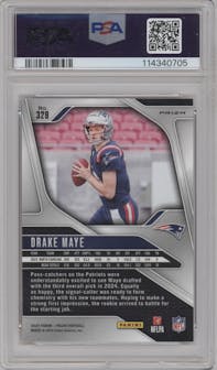 Drake Maye from the 2024 Panini Prizm set featuring a Disco parallel graded by PSA and given an overall grade of 9.