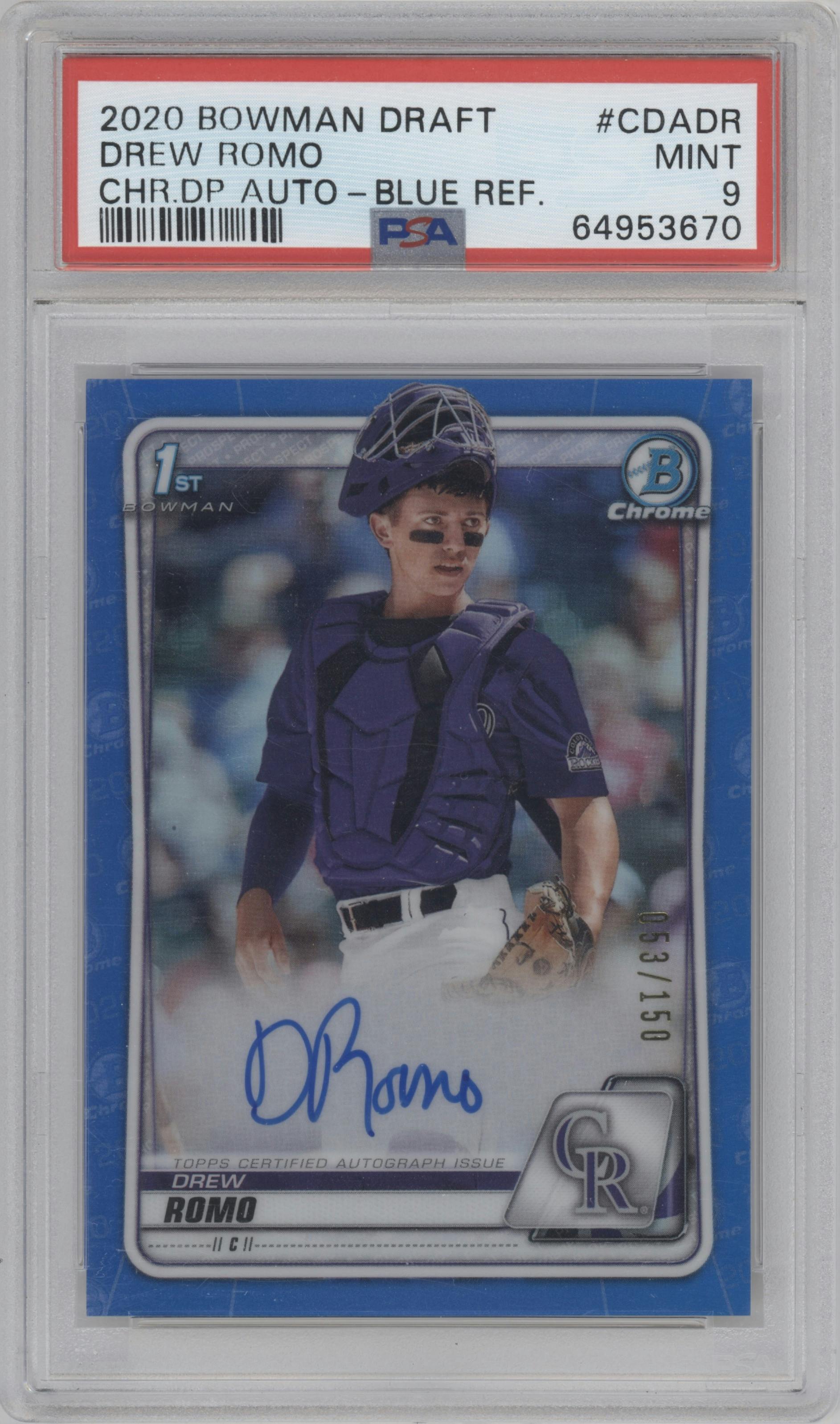 Drew Romo from the 2020 Bowman Draft set featuring a Blue Refractor parallel graded by PSA and given an overall grade of 9.