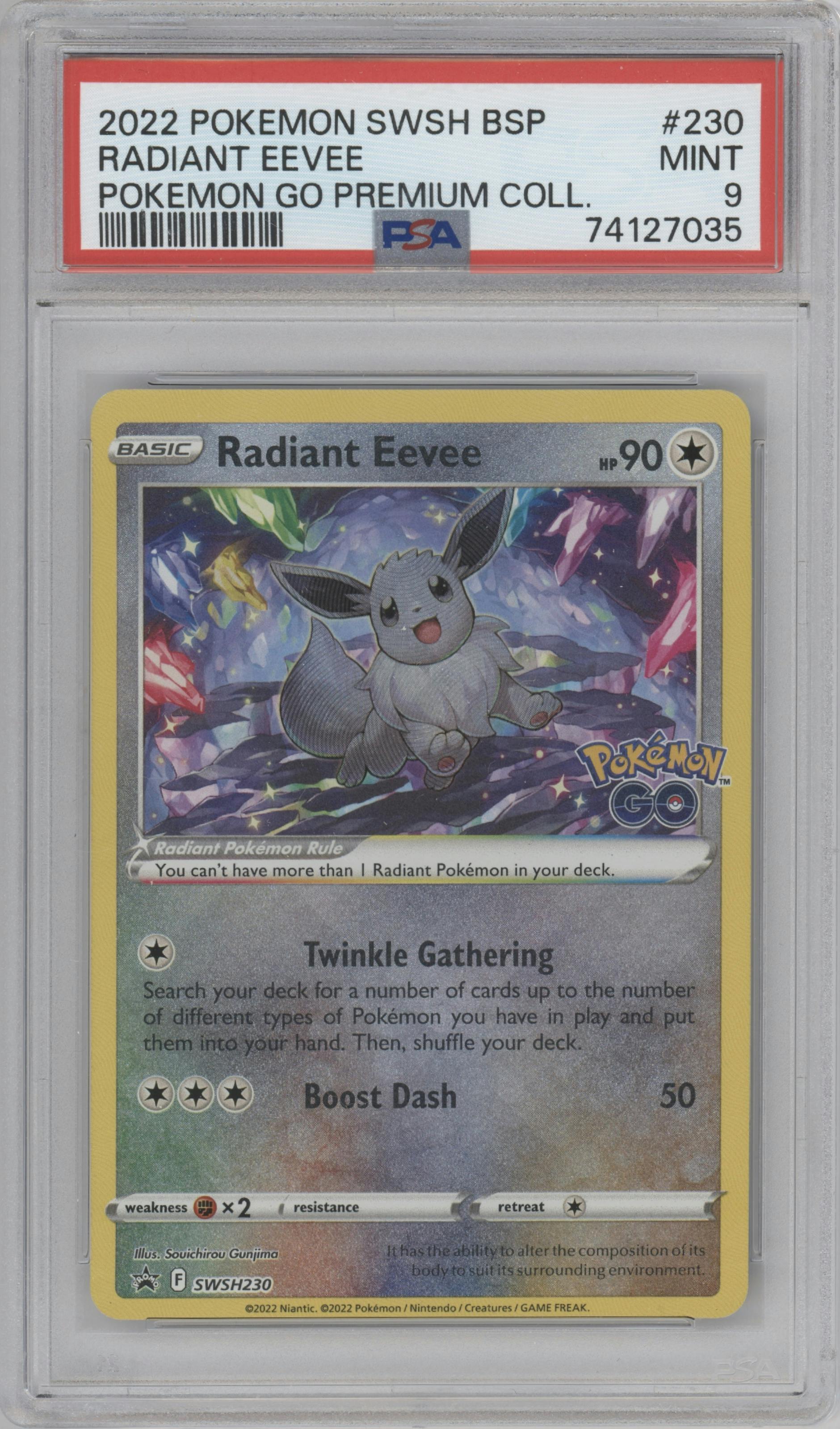 Radiant Eevee from the 2022 Pokemon SWSH set featuring a Pokemon Go Premium Collection parallel graded by PSA and given an overall grade of 9.