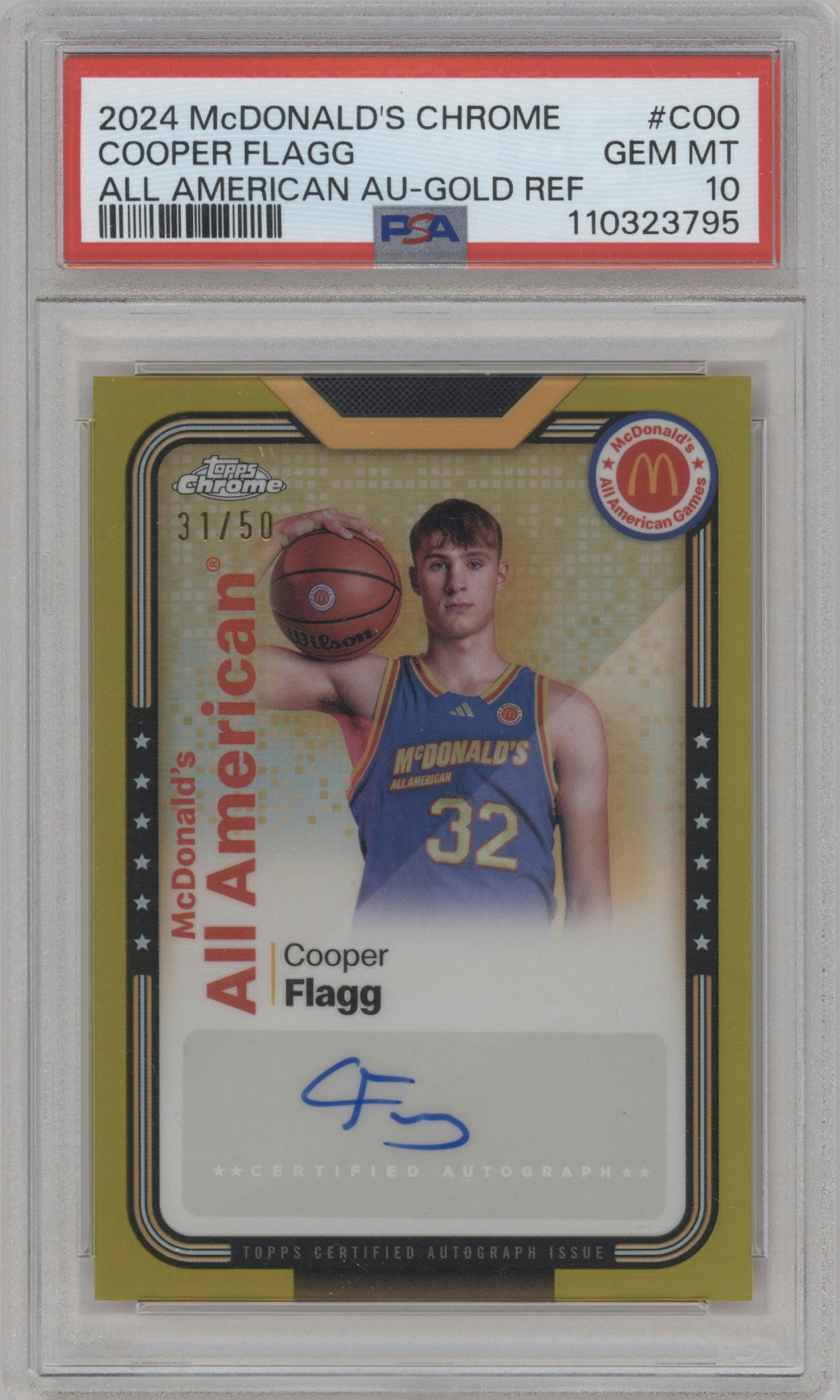 Cooper Flagg from the 2024 Topps Chrome McDonald's All-American set featuring a Gold Refractor parallel graded by PSA and given an overall grade of 10.