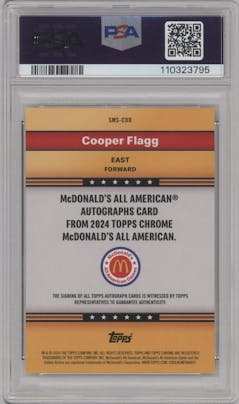 Cooper Flagg from the 2024 Topps Chrome McDonald's All-American set featuring a Gold Refractor parallel graded by PSA and given an overall grade of 10.
