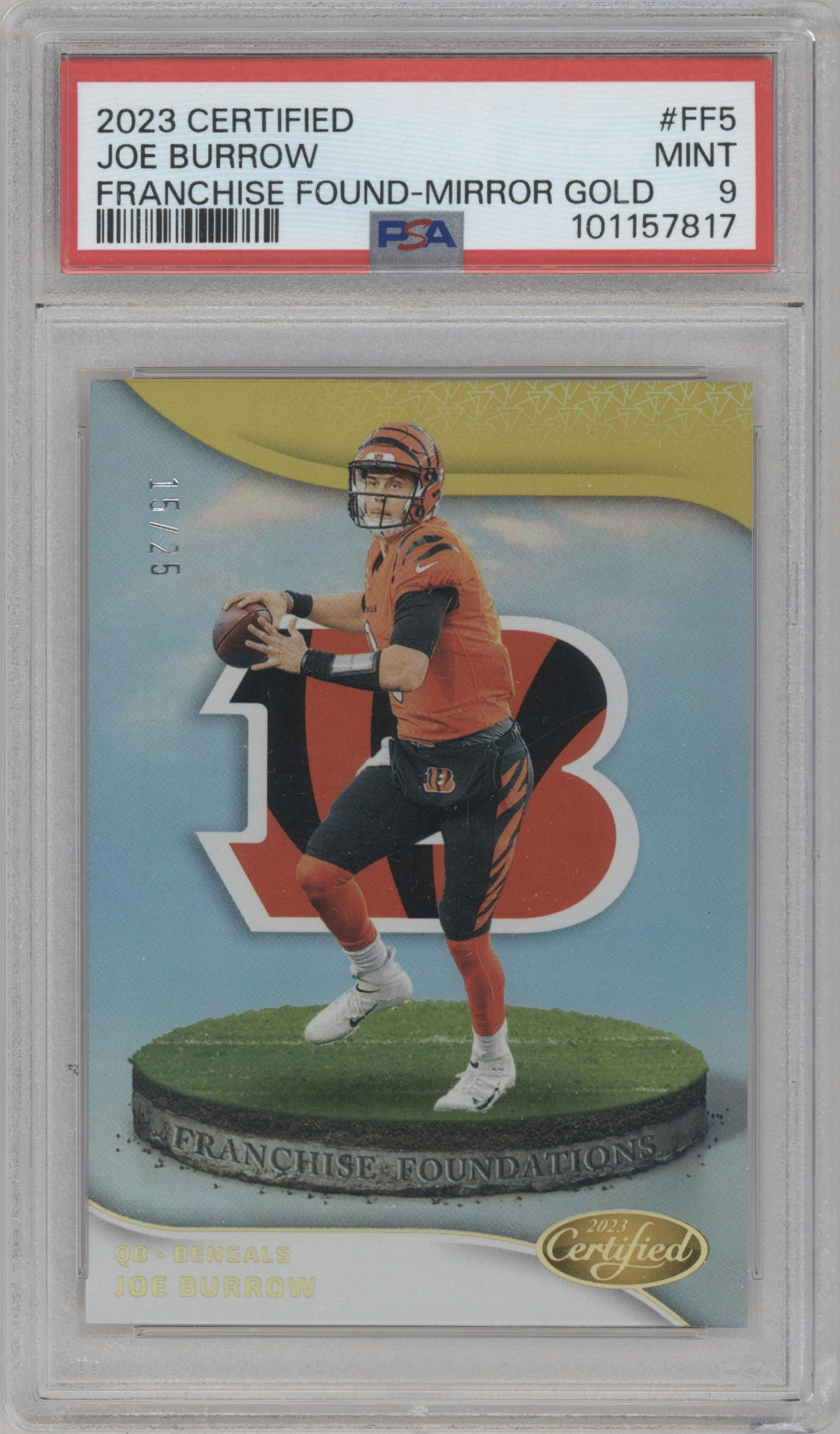 Joe Burrow from the 2023 Panini Certified set featuring a Mirror Gold parallel graded by PSA and given an overall grade of 9.