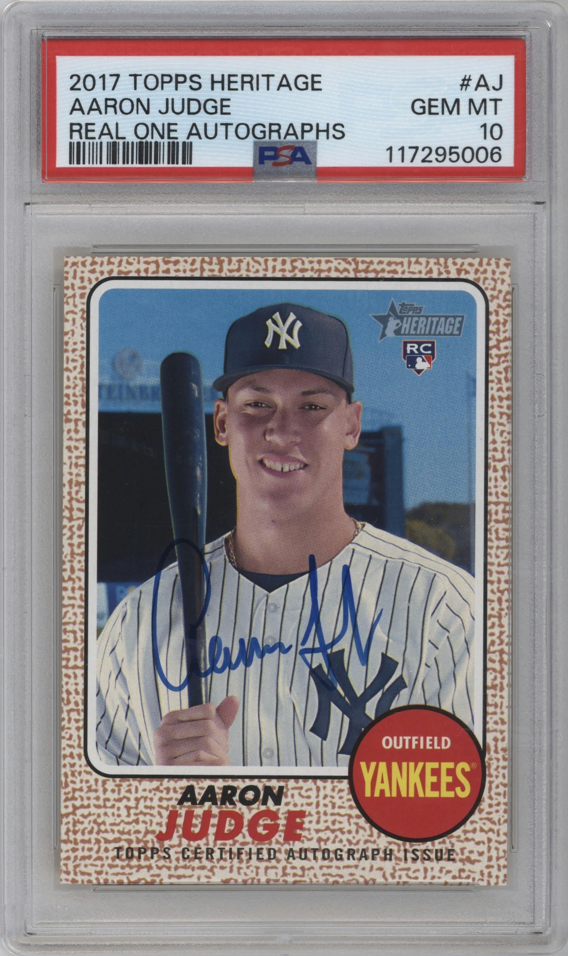 Aaron Judge from the 2017 Topps Heritage set graded by PSA and given an overall grade of 10.