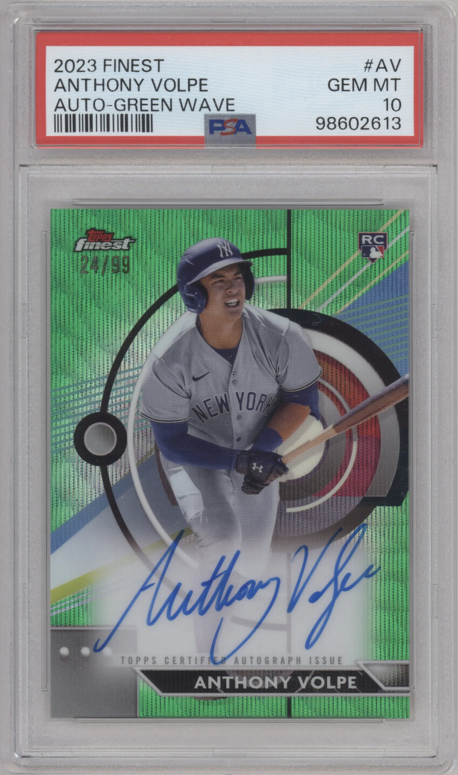 2023 Topps Finest Auto Anthony Volpe Green Wave Refractor PSA 10